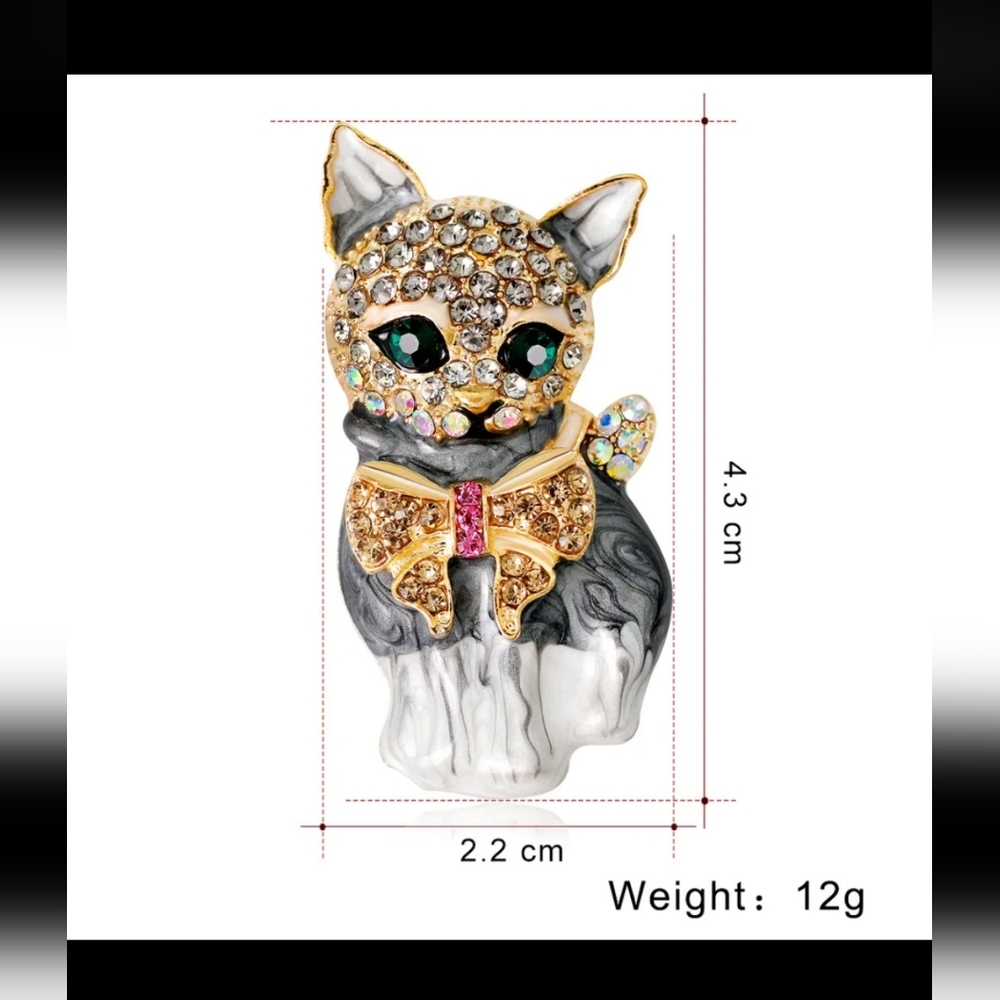 Sweet Kitty Cat Kitten with Bow Rhinestone Brooch Enamel Pin/Pend Cat Lover gift - Picture 2 of 9
